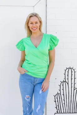 Proud Poppy Clothing Clara Frill Sleeve Top in Green Discount