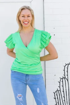 Proud Poppy Clothing Clara Frill Sleeve Top in Green Discount