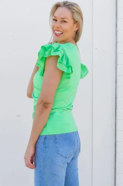 Proud Poppy Clothing Clara Frill Sleeve Top in Green Discount