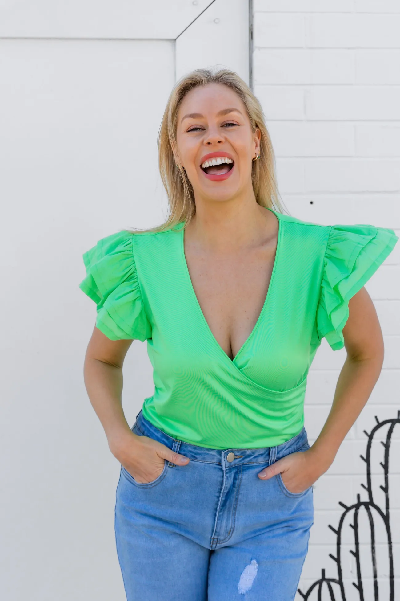 Proud Poppy Clothing Clara Frill Sleeve Top in Green Discount