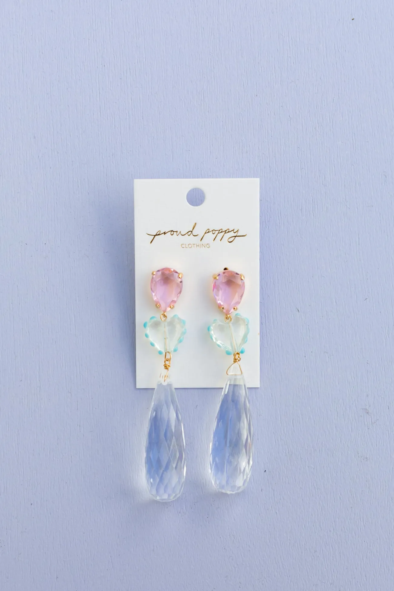 Proud Poppy Clothing Fado Clear Heart Teardrop Earrings length. Best