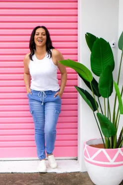 Proud Poppy Clothing Florence Denim Joggers in Sky Blue SkyBlue Clearance