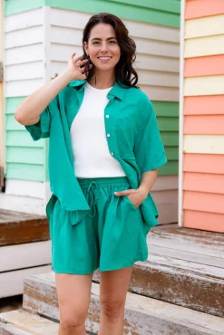 Proud Poppy Clothing Harlow Linen Blend Shorts in Jade Clearance