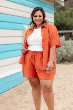 Proud Poppy Clothing Harlow Linen Blend Shorts in Rust Hot