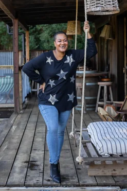 Proud Poppy Clothing Harriet Star Sequin Knit Top in Black KnitTopinBlack Sale