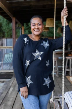 Proud Poppy Clothing Harriet Star Sequin Knit Top in Black KnitTopinBlack Sale