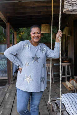 Proud Poppy Clothing Harriet Star Sequin Knit Top in Grey KnitTopinGrey Clearance