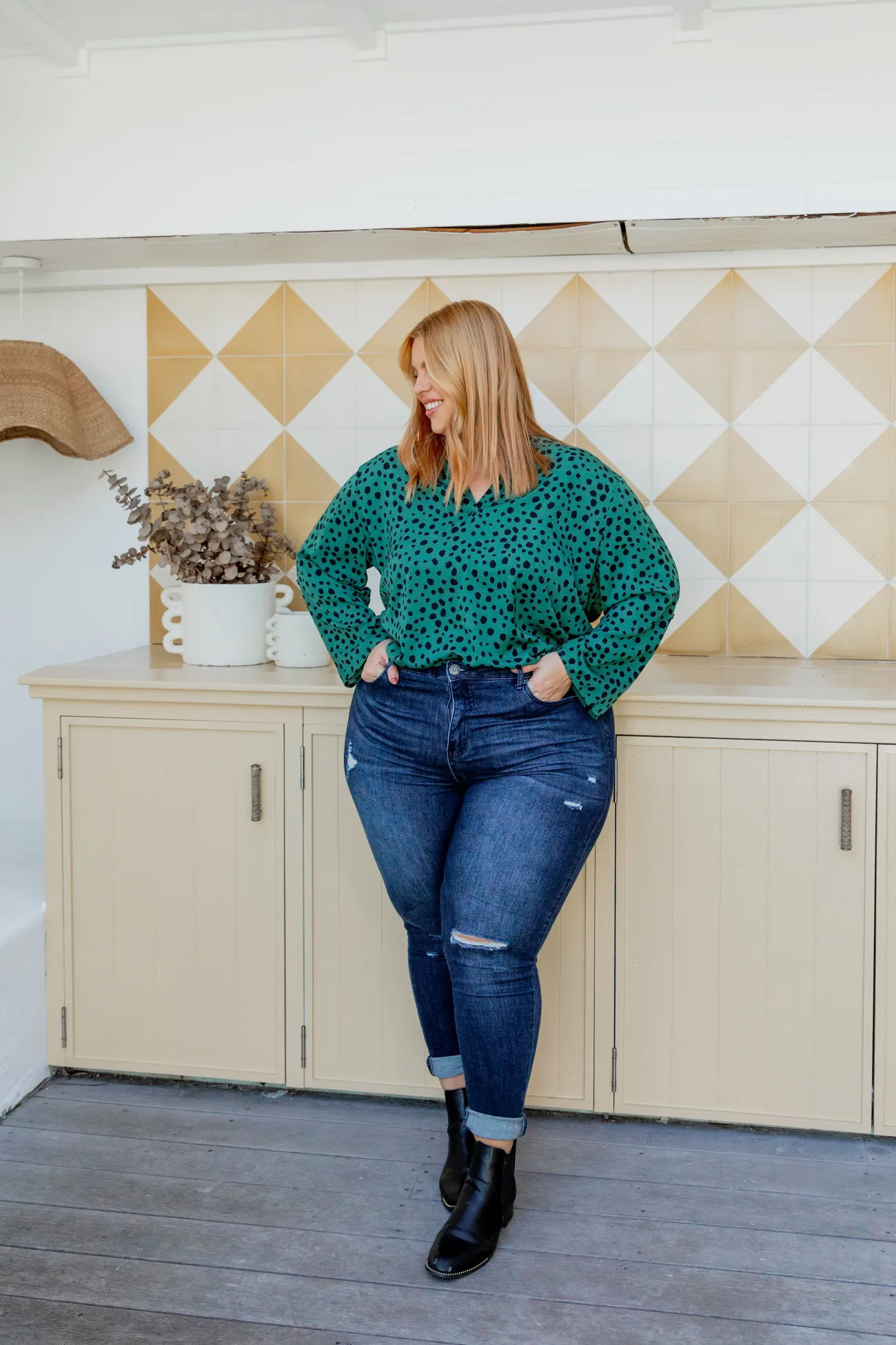 Proud Poppy Clothing Olivia Green & Black Spot Top Sale