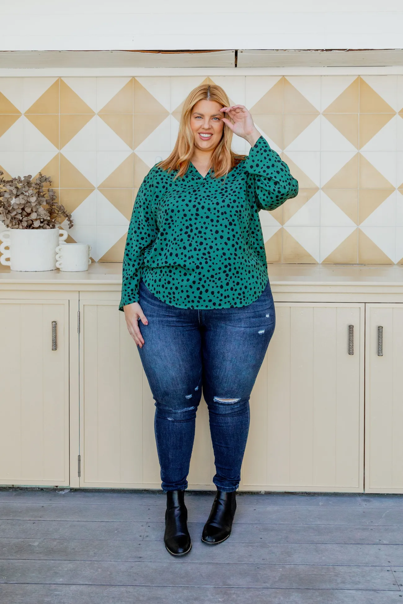Proud Poppy Clothing Olivia Green & Black Spot Top Sale