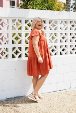 Proud Poppy Clothing Peak Frill Party Dress in Rust New