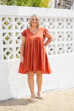 Proud Poppy Clothing Peak Frill Party Dress in Rust New