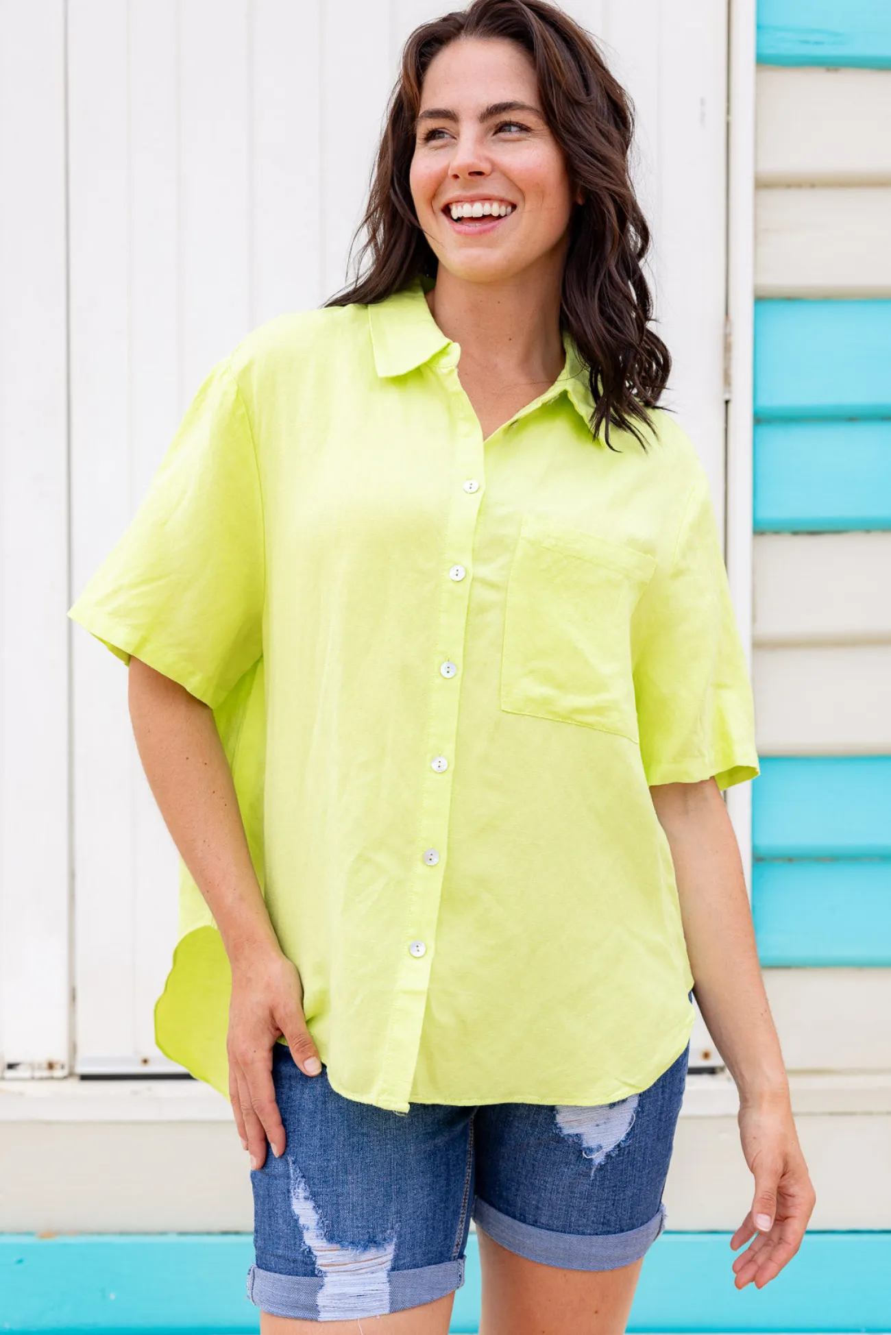 Proud Poppy Clothing Samara Linen Blend Shirt in Lime Clearance
