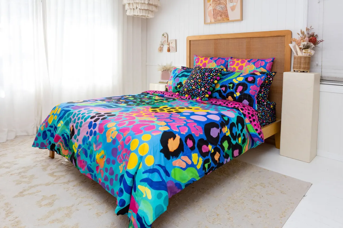 Proud Poppy Clothing Sleep Bright Electric Leopard Quilt Cover Set by Kasey Rainbow New