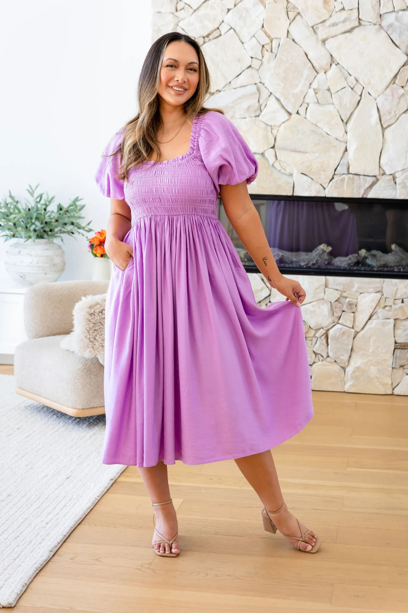 Proud Poppy Clothing Stelle Linen Blend Midi Dress in Berry Best