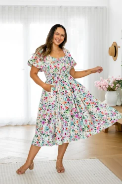 Proud Poppy Clothing Stelle Linen Blend Midi Dress in Rose Fleur RoseFleur Best